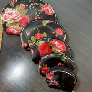 5-Piece Floral Cosmetic Makeup Pouch Set Black Rose Print Zipper Bags
